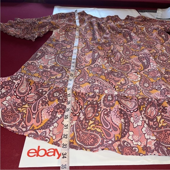 XL Pink Peach Paisley DRESS Wide Stretch Neck Ruffle Trumpet Sleeve RUFFLE HEM - Picture 3 of 14